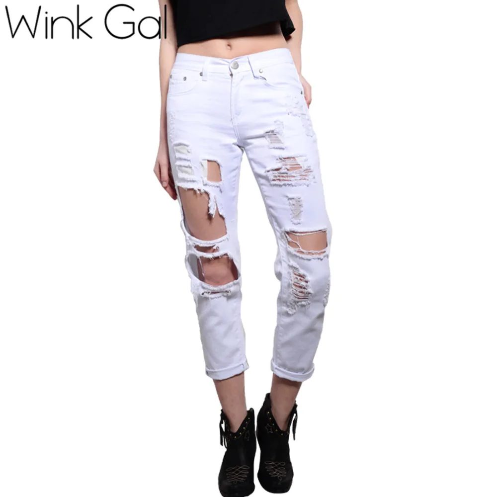 Wink Gal Fashion Рваные джинсы Высокая Талия белые хлопковые скинни, бойфренды джинсы для Для женщин рутая девочка отверстие Рваные джинсы Для женщин ID1505