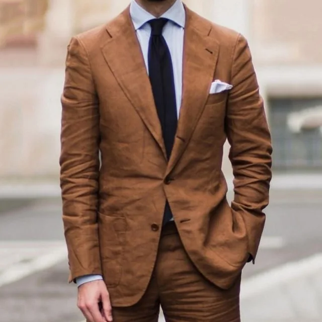 Новейший дизайн пальто брюки коричневый Повседневный льняной костюм мужские летние пляжные свадебные костюмы для мужчин 2 шт. Ternos мужской костюм с брюками - Цвет: same as pic