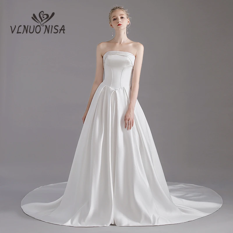 

Simple Design White Soft Satin Wedding Dress VLNUO NISA Elegant Strapless A-Line Vestidos De Novia Comfortable Bride Dress 35