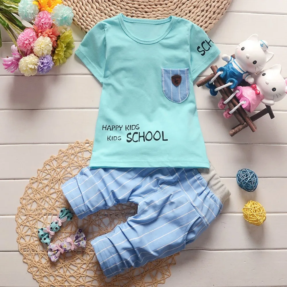 

2019 Fashion Summer Baby Boys Pocket Solid T-shirt+Letter Short Pants Sets