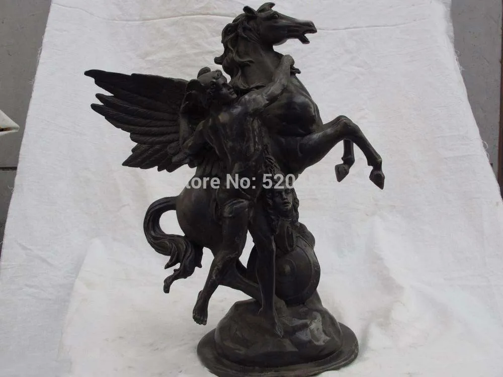 

16 West Classical ART Copper Bronze Man Pull Fly Horse Sculpture