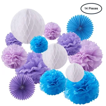 

14 Pieces Pompom Paper Tassels Paper Flowers Honeycomb Balls 3 Style Purple Blue Paper Fan Decor for Wedding Party Event Table