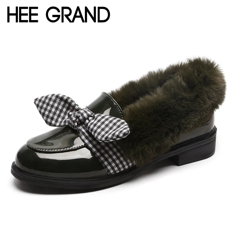 

HEE GRAND Winter Warm Platform Women Pumps With Fur Patent Leather Woman Oxfords Round Toe Slip On Loafers Women Shoes XWD7029
