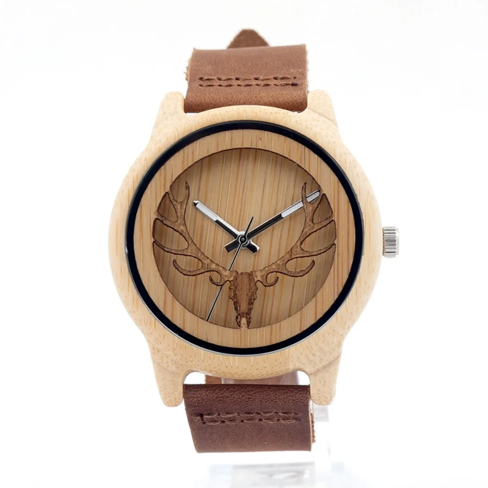 BOBO BIRD A27 Skeleton Watch With Deer Buck Head Design Bamboo Wood
