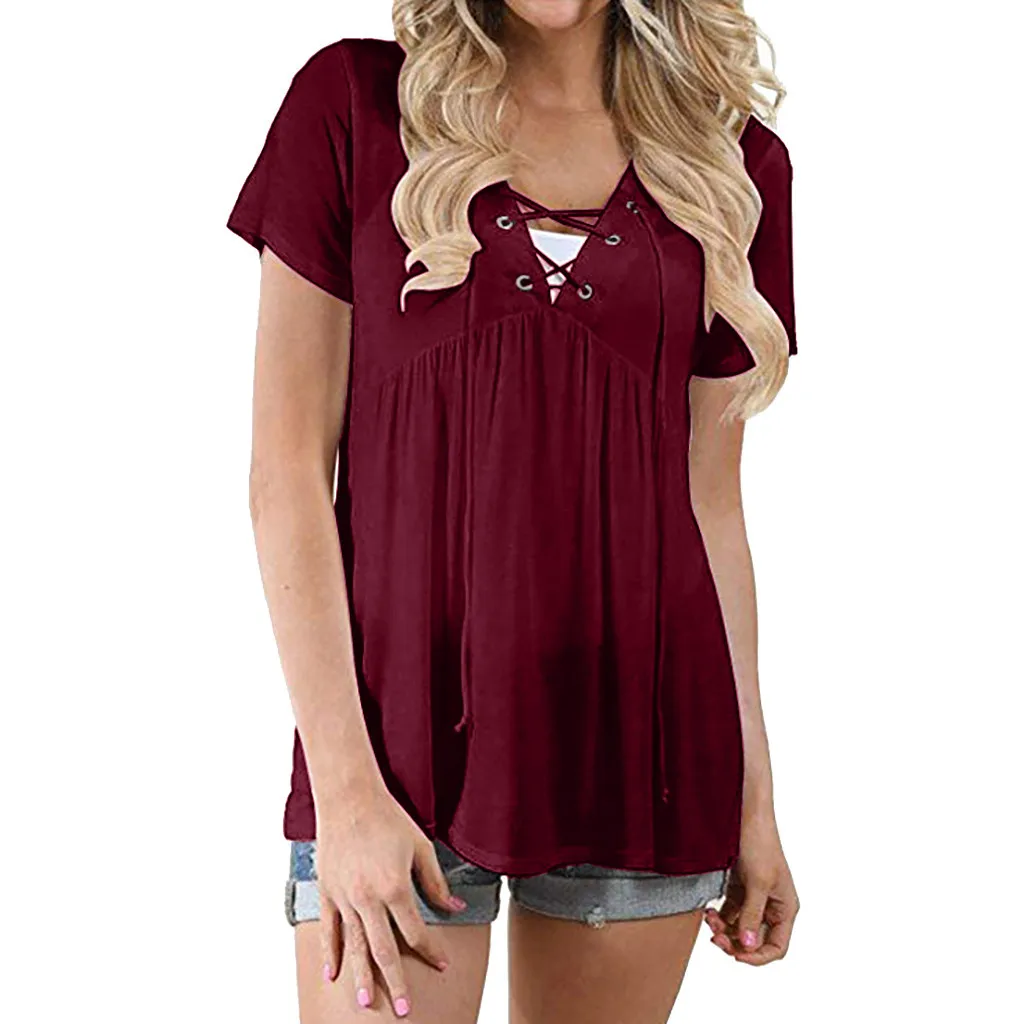 

SAGACE Women's Blouse Flowy Tops V Neck Cross Lace Up Shirts Sexy Womens Short Sleeve Loose Blouse femme Shirt Casual Blouse new