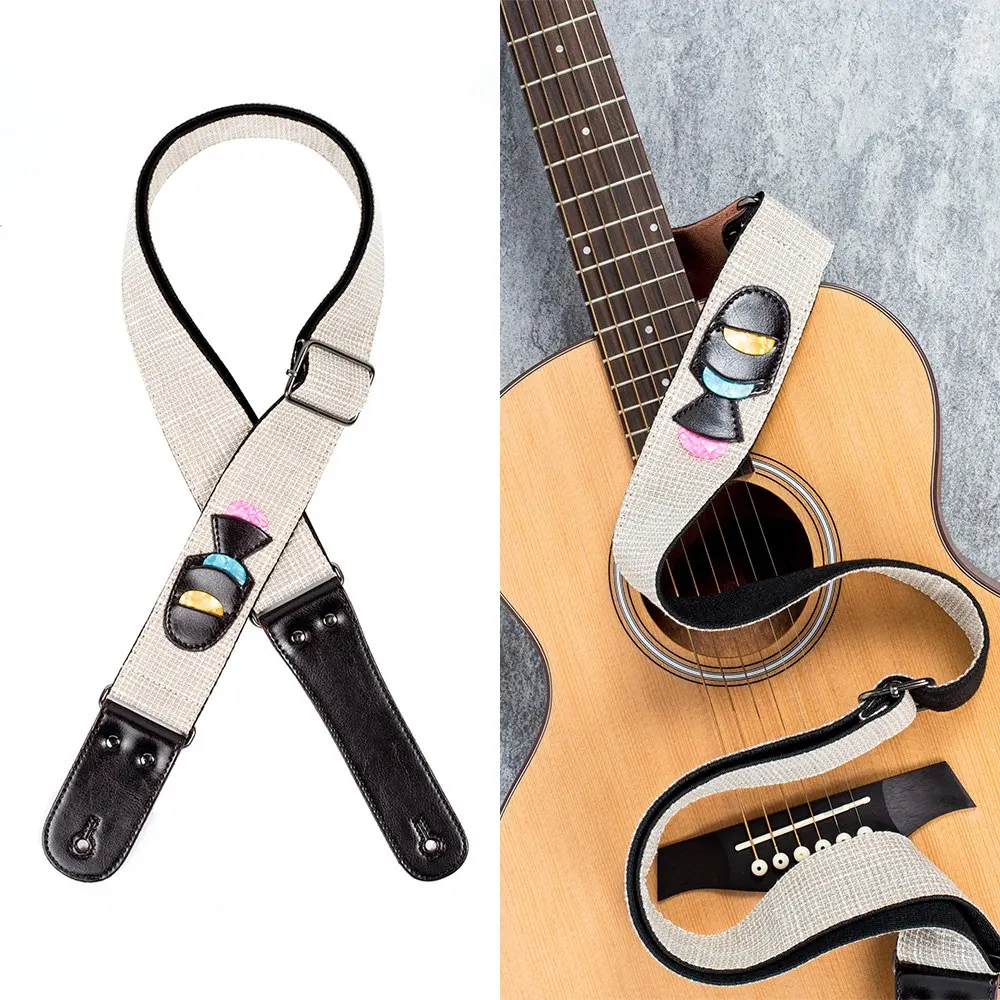 

High Quality Guitar Shoulder Strap Cotton & Linen Belt PU Leather Ends with Guitar Pick Pockets & 3pcs Guitar Picks for Guitar