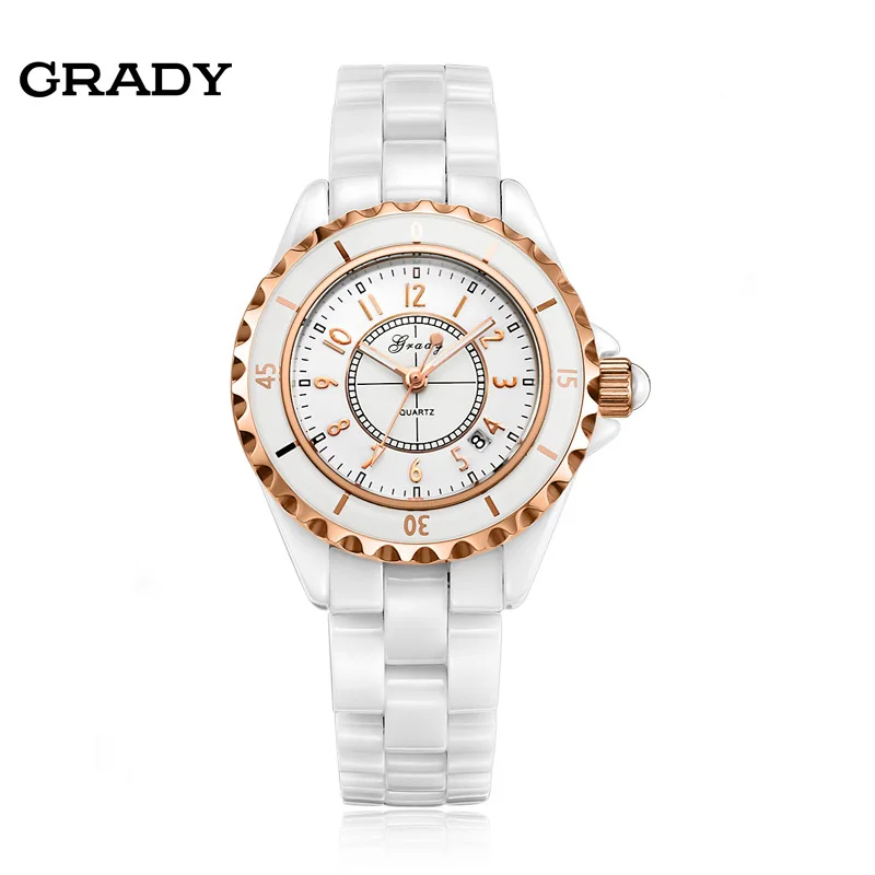 Grady Fashion Genuine Ceramic Watch Rotatable Bezel Watches Men and Women Platinum Plate Quartz Watch Free