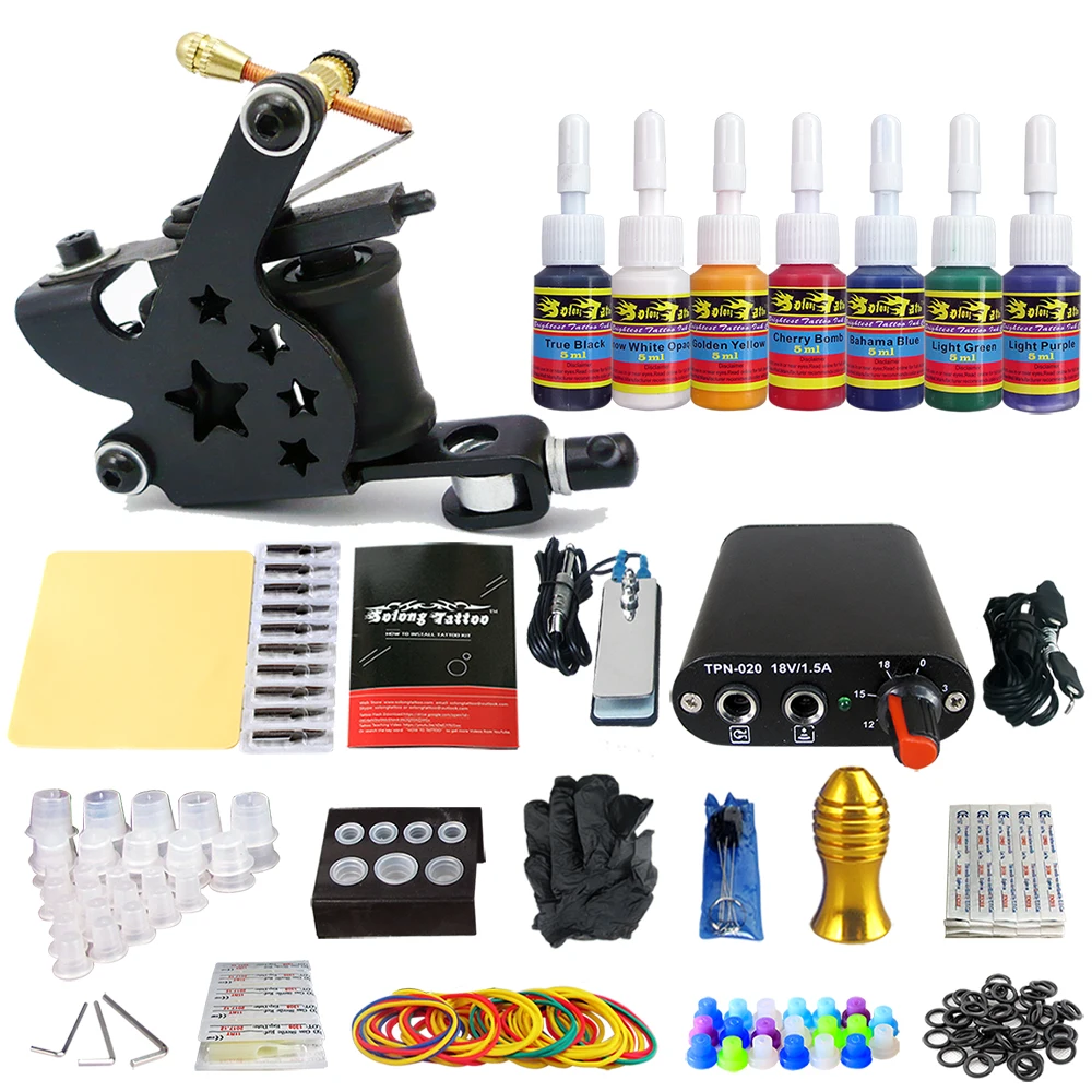

Solong Tattoo Complete Beginner Tattoo Kit 1 machine Gun 7 Color Inks Power Supply Grips Foot Petal Needles Set TK105-41