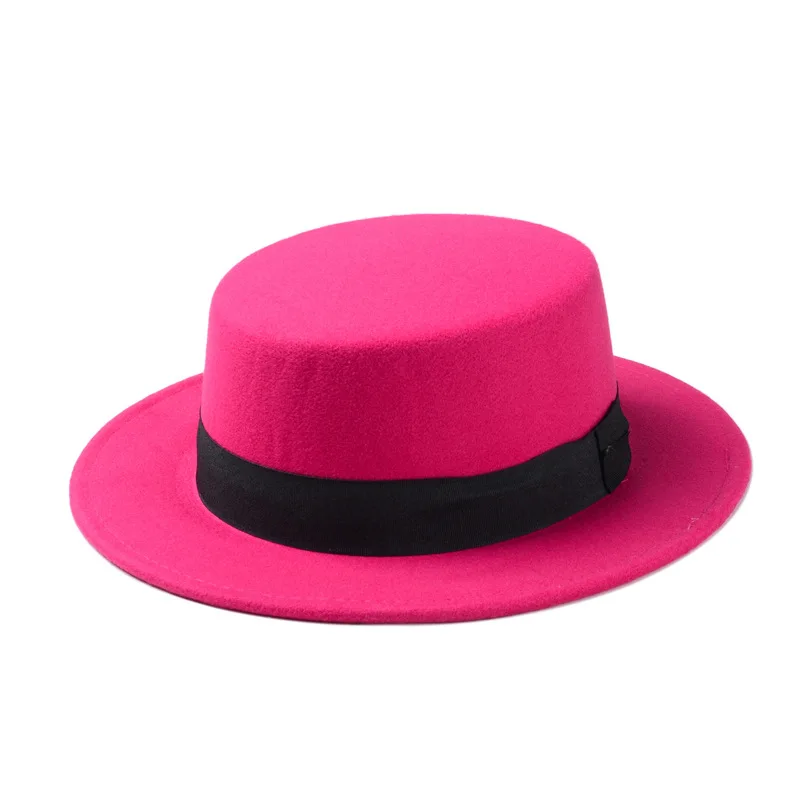LUCKYLIANJI Vintage Retro Lady Men Women Elegant Wool Felt Flat Dome Oval Top Bowler Porkpie Pork Pie Hat(One Size: 57cm 7 1/8 - Цвет: Rose