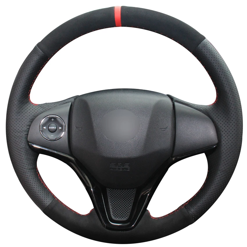Black Natural Leather Black Suede Car Steering Wheel Cover for Honda