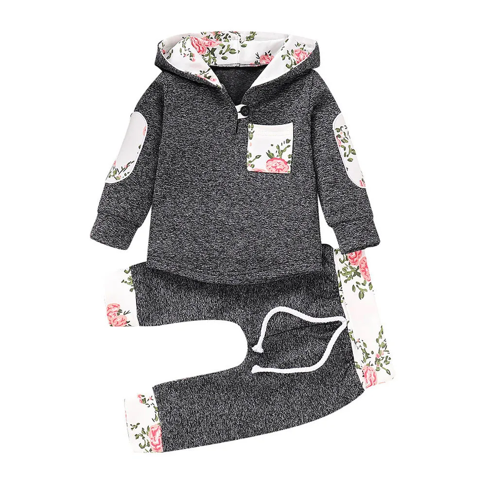 LONSANT-зимние комплекты для детей; хлопковая одежда с капюшоном для маленьких мальчиков и девочек; пуловер с капюшоном и цветочным рисунком; Топы+ длинные штаны; комплекты с толстовкой