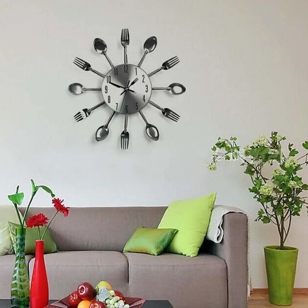 Silver tableware kitchen 3d DIY digital wall clock spoon fork Crystal Mirror Sticker Living Room clock home decoration
