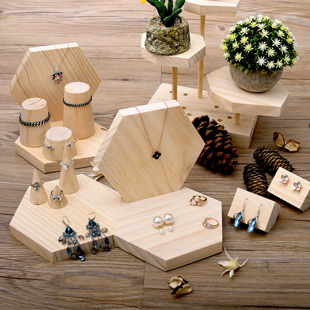 Шестигранный простой Неокрашенный деревянный органайзер для ожерелья и сережек ювелирных изделий