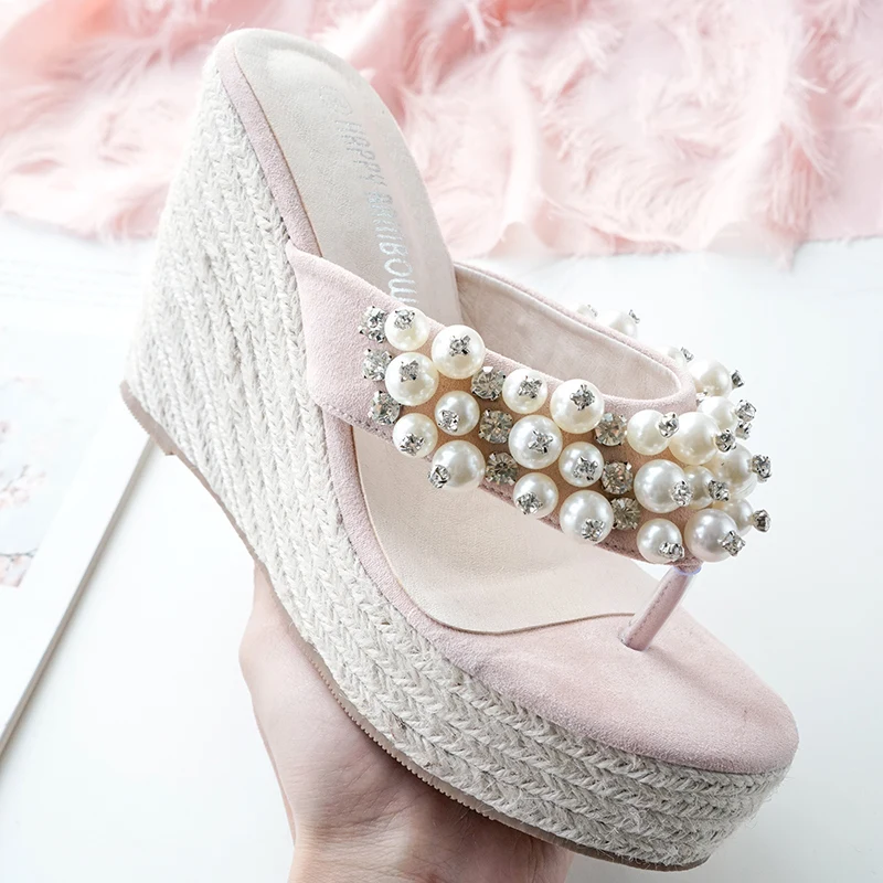 

2019 Women Crystal Wedges Sandals Weaving Rope Slides 11cm High Heels 4cm Platform Pearl Flip Flop Slippers Luxury Shoes YCH-44