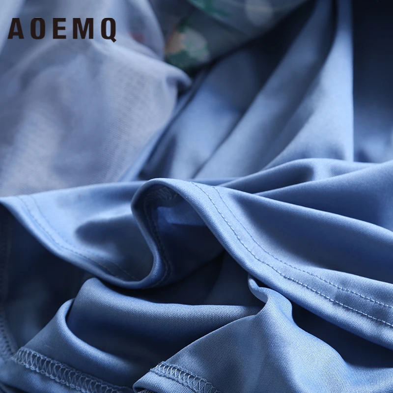 AOMEQ модные платья косой кружева цветочный принт с открытыми плечами синий океан