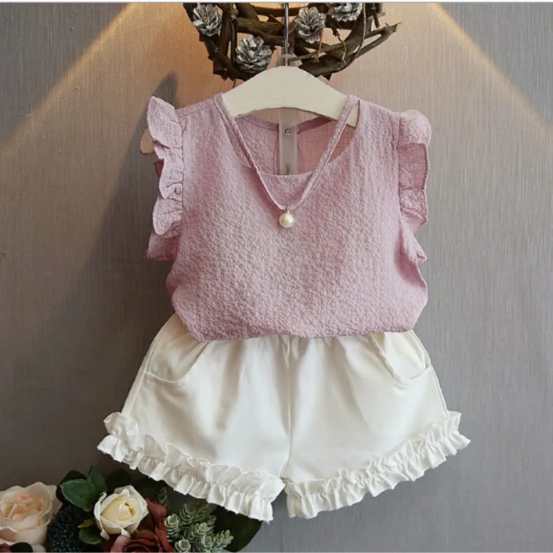 

2 Piece Set Summer Baby Girl Clothes Chiffon Fly Sleeves Shirt + White Shorts Set Suit, For 2 3 4 5 6 Years Old Girl Clothes