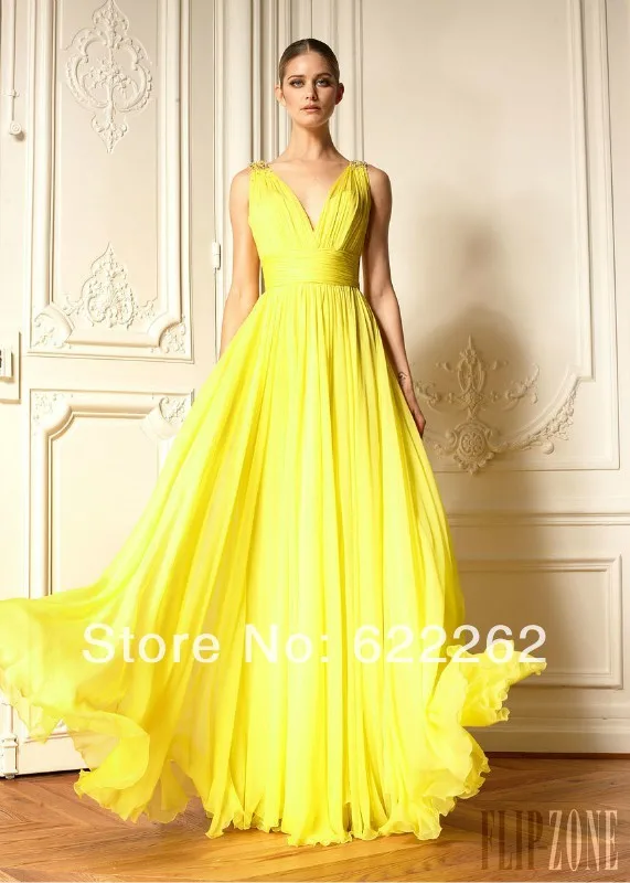 Unique Design A Line V Neck Yellow Prom Dresses Floor Length