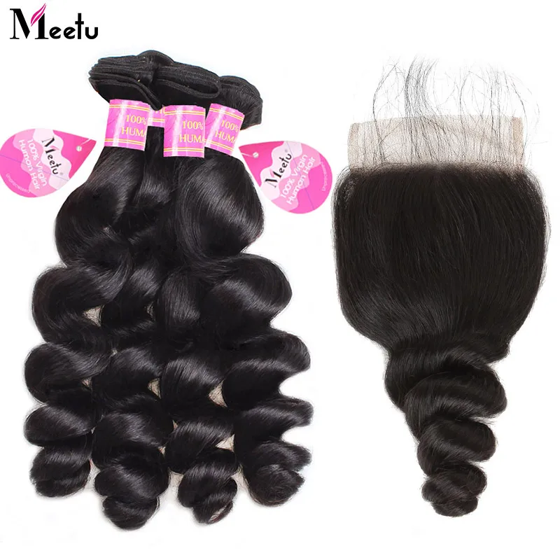 

Meetu Hair Indian Loose Wave Bundles with Closure Non Remy Human Hair Bundles with Closure Baby Hair 4 Bundles with Lace Closure