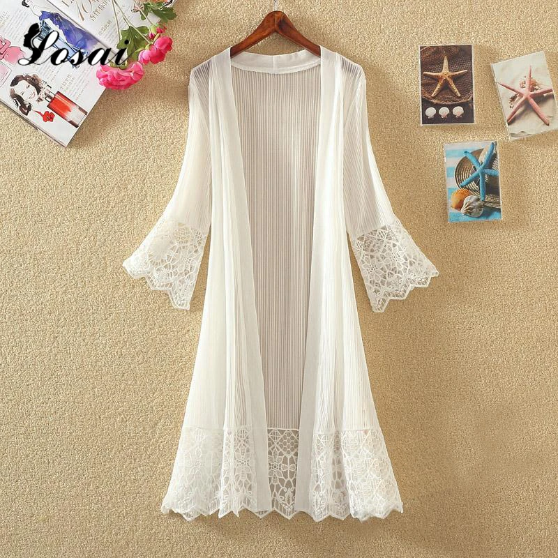 Black Lace Jacket Beach Promotion-Shop For Promotional Black Lace Womens 2017 Summer Sun Protection Clothing Long Lace Chiffon Cardigans See Though Flare Sleeve Beach Blusa Coat Black White Hot - Black Lace Jacket Beach Promotion-Shop For Promotional Black Lace