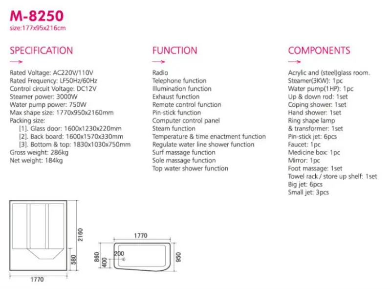 Свободный квадратный массаж в вихревой ванне раздвижная Ванна 6 мм из закаленного стекла Паровая душевая комната(M-8250) 1770*950*2160 мм