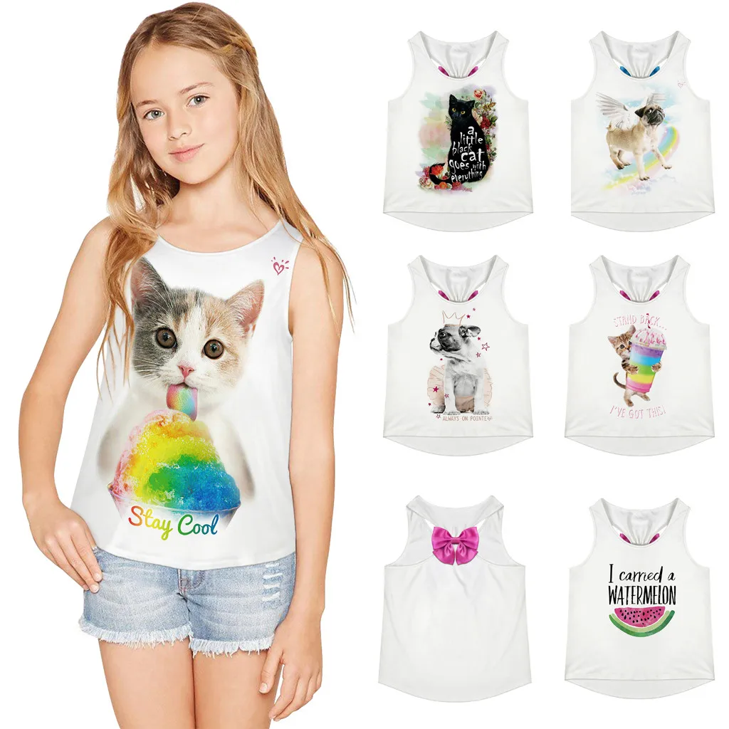 

Teen Toddler Kid Girl Sleeveless 3D Animal Cartoon Print Cartoon Tops Casual Clothes Cotton Sleeveless Garment T Shirt For Girls