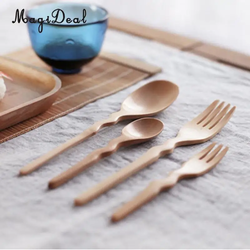 MagiDeal 3pcs Camping Portable Spoon Fork Bowl Set Wood Cereal Soup Container for Dinner Lunch