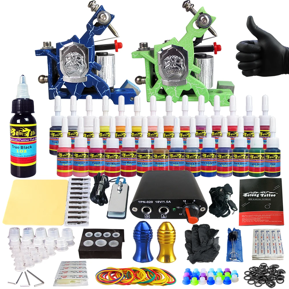 

Tattoo Kit 2 Machine Guns Set 28Color Inks Power Box Foot Pedal Needles TK204-14