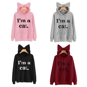 

Droppshi Autumn Winter Women Hoodies Long Sleeve Letters Printing Sweatshirt With Cat Ears Hat Lady Girls Casual Pullover