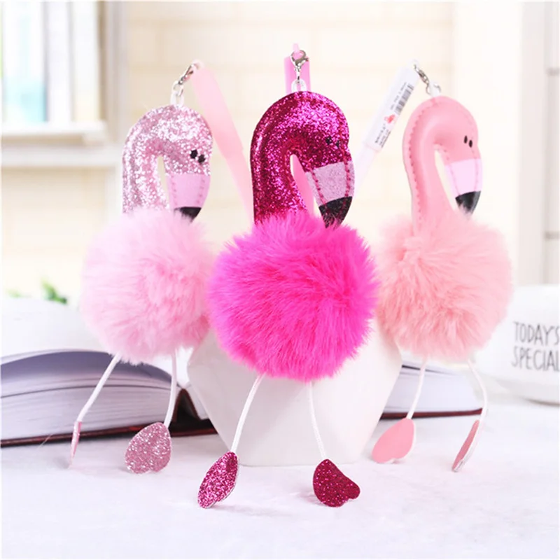 

Creative 0.38mm Pink Flamingo Ball Plush Pendant Gel Pen Kawaii Neutral Pens Promotional Gift Stationery School Chancery Supply