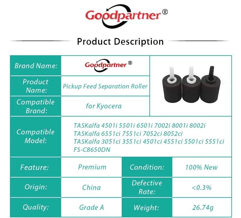 Separação Feed Captura Rolo para Kyocera 4501i 5501i 6501i 7002i 8001i 8002i 6551ci 7551ci 7052ci 8052ci 20x 2n406030 2n406040 - Imagem 2