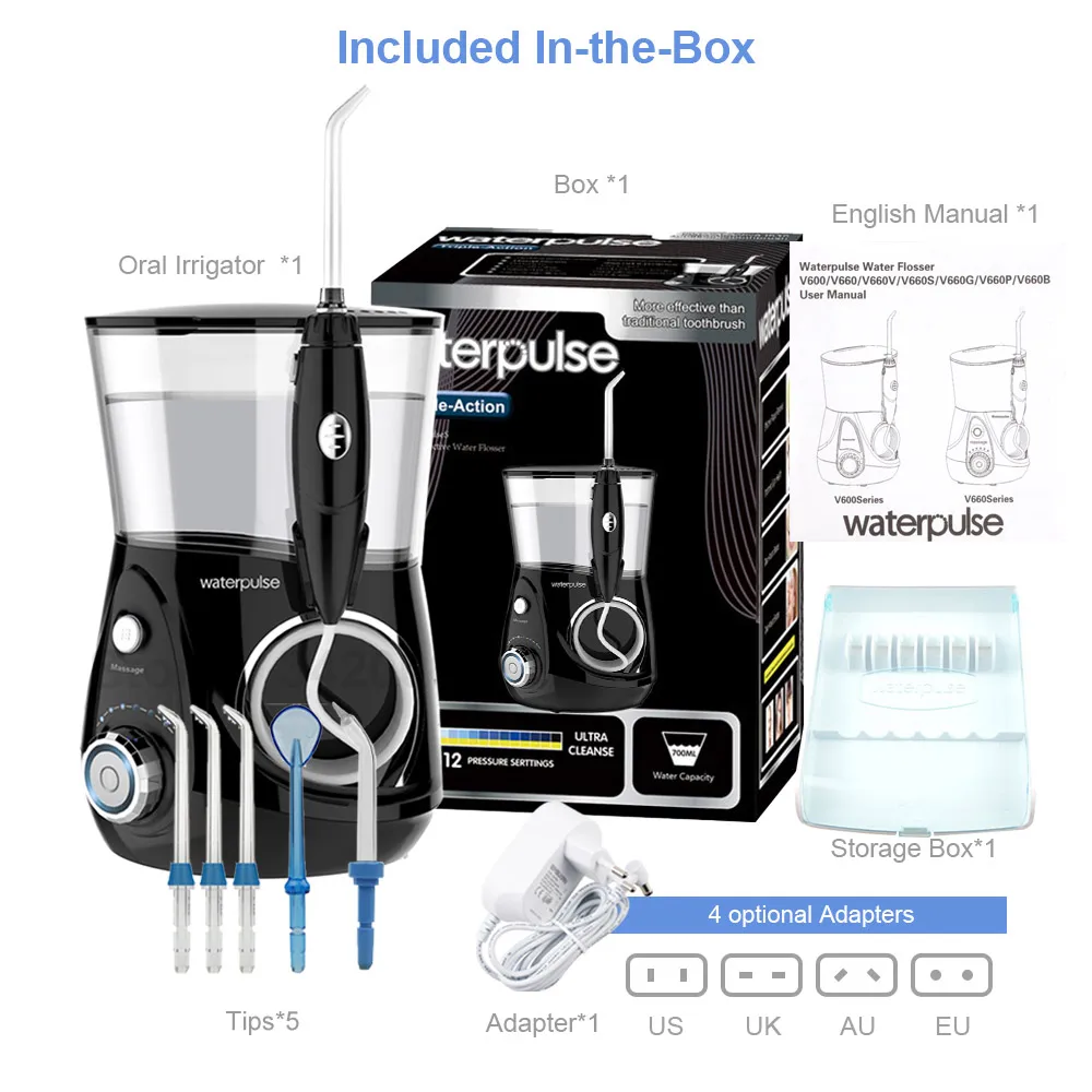 Ирригатор Waterpulse V660, 700 мл, ирригатор для полости рта, 5 наконечников, ирригатор для полива полости рта, зубная нить, массажная зубная нить, гигиена полости рта - Цвет: Черный