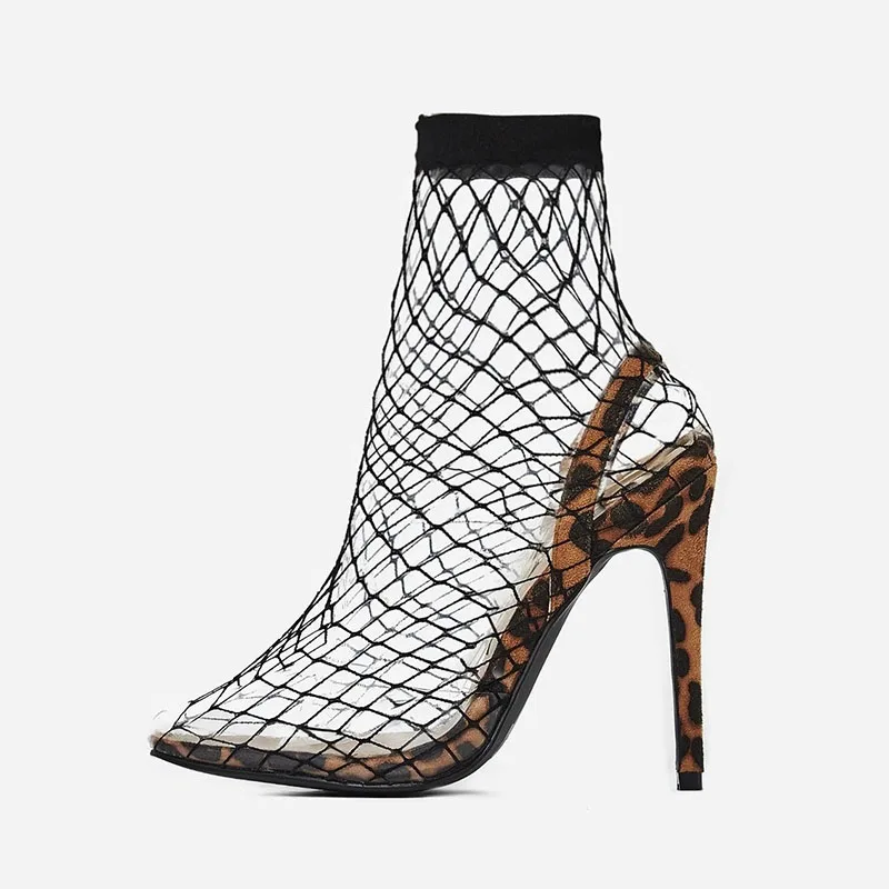 Vangull/женские босоножки из сетчатого материала на каблуке; пикантная Летняя женская обувь с острым носком и леопардовым принтом; вечерние ботильоны на высоком каблуке в сеточку