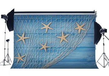 

Seaside Backdrop Starfish Fishing Net Ocean Sailing Backdrops Blue Stripes Wood Plank Photography Background