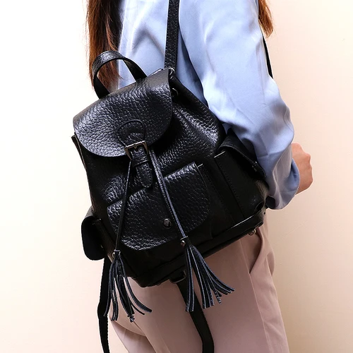 Женский рюкзак из воловьей кожи с рисунком слона, сумка на шнурке с кисточками, роскошный школьный рюкзак для студентов, серебристый, красный, черный - Цвет: Черный