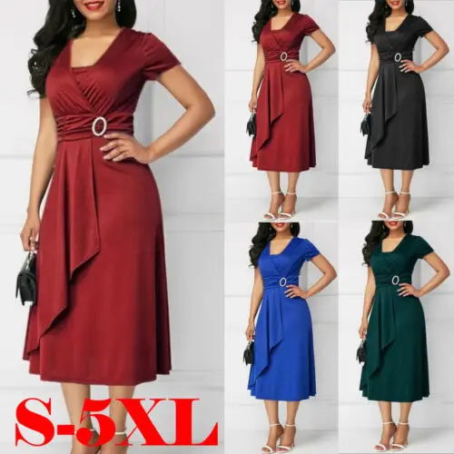 

Plus Size Summer Elegant Sexy Asymmetric Hem Waisted Short Sleeve V Neck Midi Dress Party Evening Ladies Dress