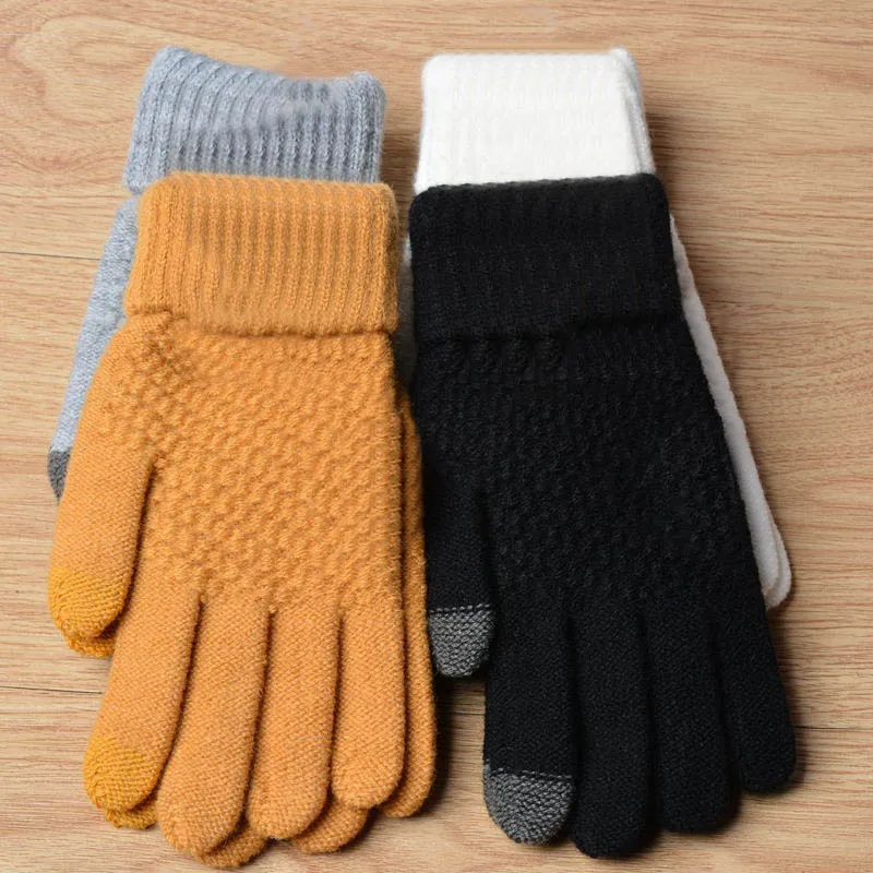 2019 Winter Touch Screen Gloves For Women Men Warm Stretch knitted Mittens Imitation Wool Full Finger Black White | Аксессуары для