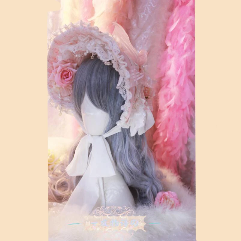 

Sweet Lolita Palace Style Vintage Pink Lace Rose Bow Bonnet Headwear Sun Hat Women Adjustable Princess Victorian Half Bnt