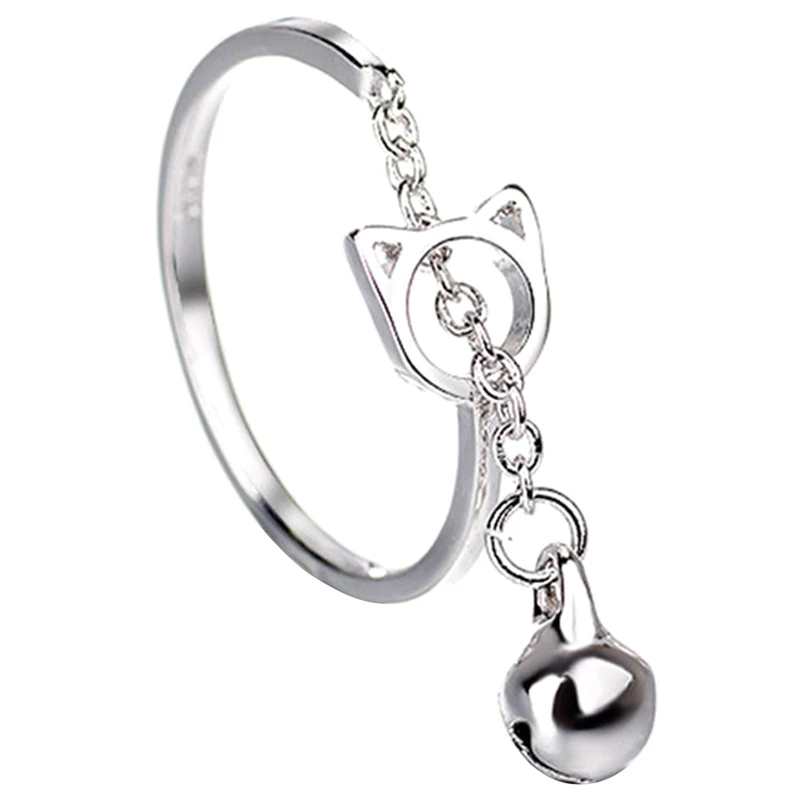 

New Silver Color Hollow Cat Open Ring With Bell Pendant Creative Simple Chain Ring For Women Girl Lovely Jewelry Gift