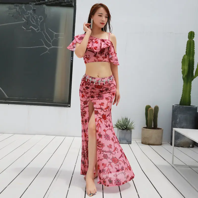 2PCS/SET Adult Sexy Flower Oriental Eastern Belly Dance Tops Shirt Costumes for Women Bellydance Dancing Clothes Dancer Wear - Цвет: pink