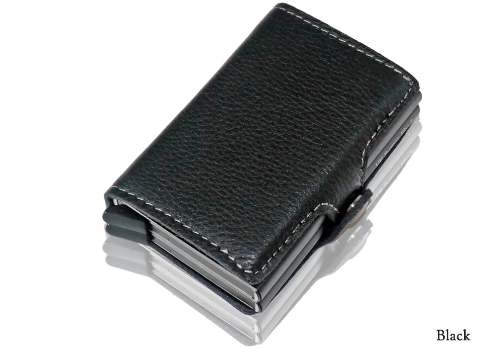 VM FASHION KISS мягкая натуральная кожа RFID мини кошелек безопасность Смарт двойная коробка алюминиевый бизнес кредитный держатель для карт металлический кошелек - Цвет: black