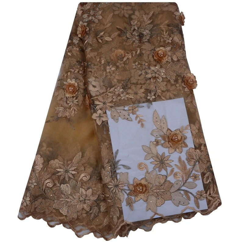 

French Lace Fabrics Champagne Gold High Quality African Net Lace With Beads Nigerian Tulle Mesh Wedding Dress F1102