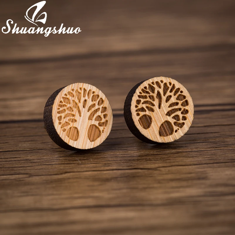 

Shuangshuo Tree of Life Earrings Women Laser Engrave Wooden Tree Pattern Round Earring moda mujer Jewelry Fashion Pendientes