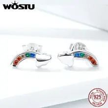WOSTU, 925 пробы, серебряные милые радужные серьги-гвоздики, цветные циркониевые маленькие серьги для женщин и девушек, серебряные 925 ювелирные изделия FIE500
