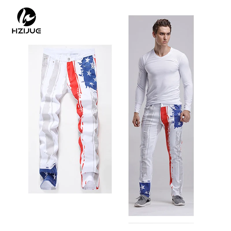 

HZIJUE 2017 Spring Summer Mens Print Jeans Plus Size Flag Printing Design White Jeans Men Stars Striped Ripped Jeans Male