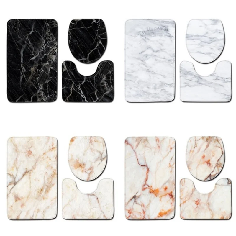 

3Pcs/set Microfiber Bath Mats Set Marble Pattern Pedestal Rug Toilet Mat Lid Cover Anti-slip Absorbent Bathroom Rug and Carpet