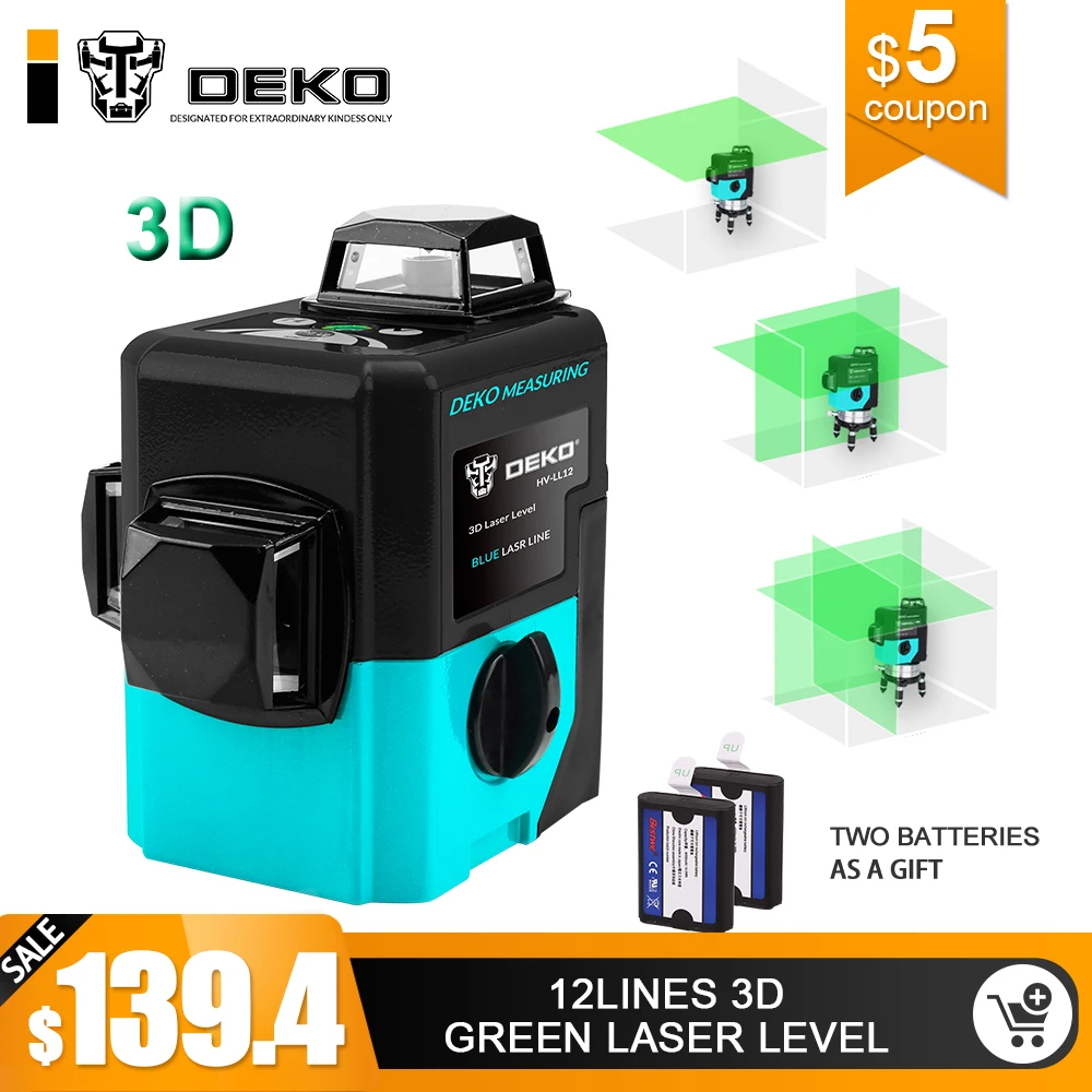 

DEKO LL12-HVG 12Lines 3D Green Laser Level Self-Leveling 360 degre Horizontal&Vertical Cross Powerful Outdoor can use Detector