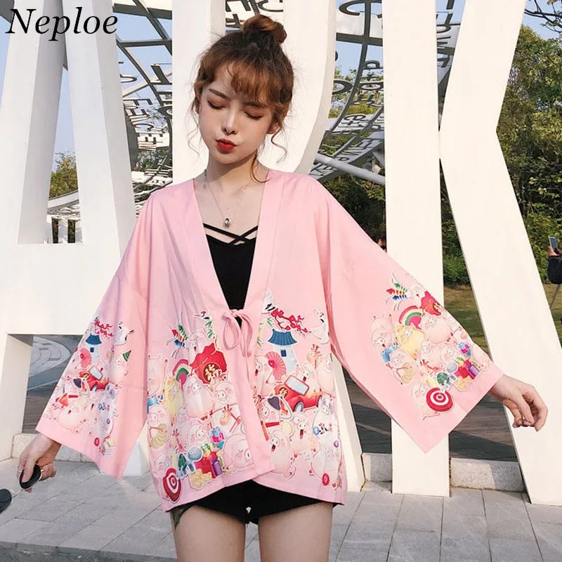 

Neploe 2019 New Japanese Kimono Blouse 3D Printing Shirts 3/4 Sleeve V-neck Cardigan Women Vintage Casual Tops And Blouses 37994