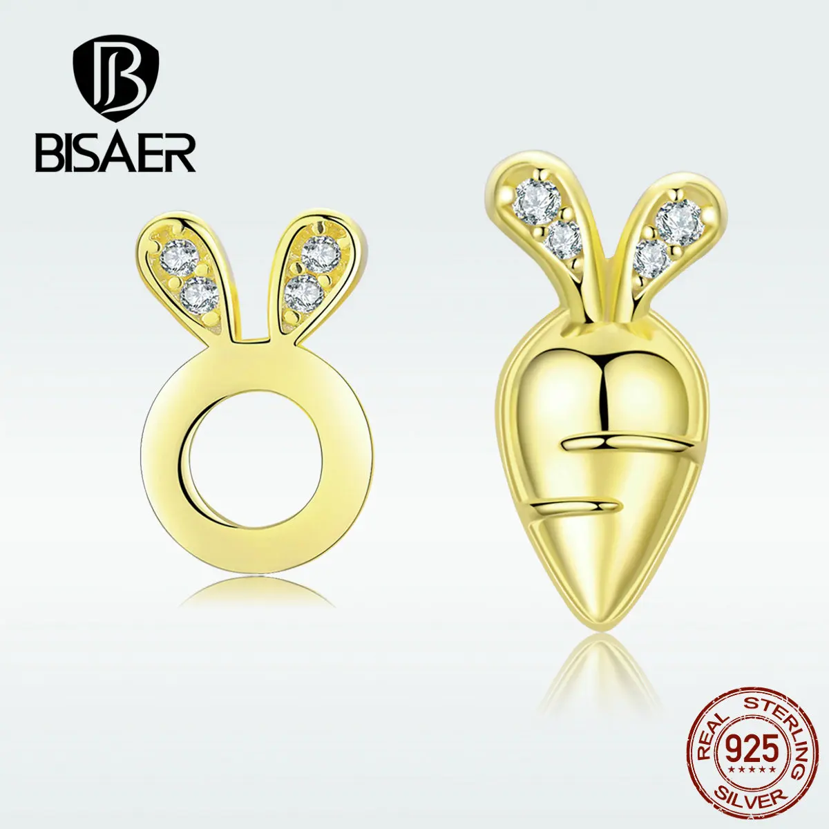 

BISAER Stud Earrings 925 Sterling Silver Bunny and Carrot Shape Earrings Jewelry For Women Gold Color CZ Cute Design HVE198