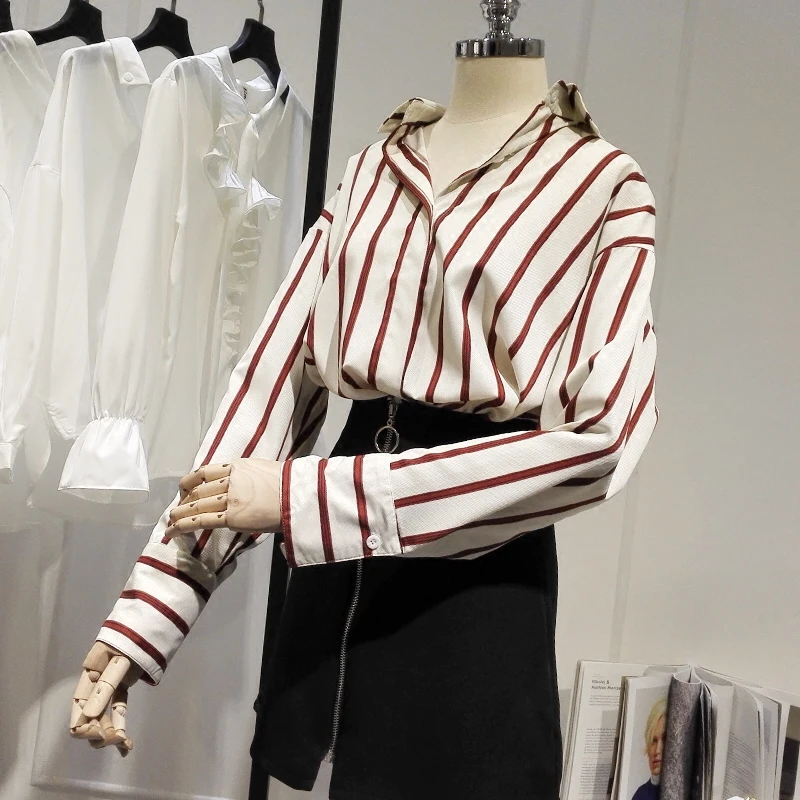 Осень зима Женская полосатая блузка свободная элегантная Офисная Женская рубашка с длинным рукавом Топы Верхняя одежда