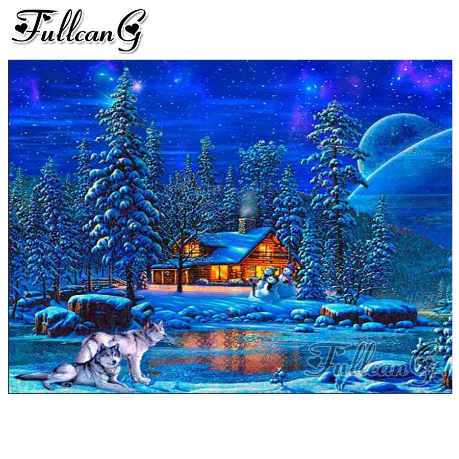 

FULLCANG diy 5d diamond mazayka winter house and wolf diamond painting full square/round mosaic embroidery rhinestone FC1659